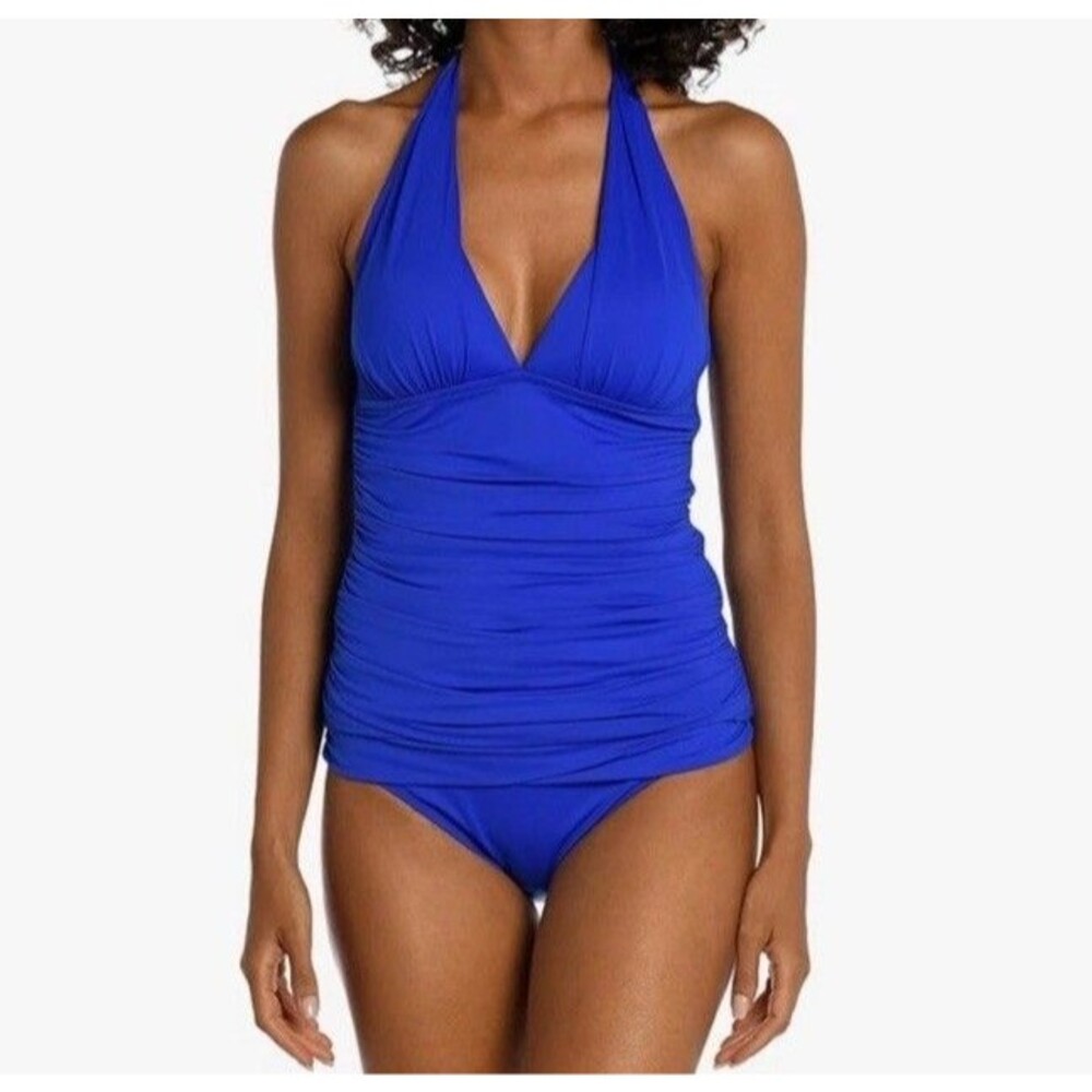 La Blanca Womens Sz 12 Island Goddess Halter Tankini Swimsuit Top Sapphire Blue - Picture 6 of 11